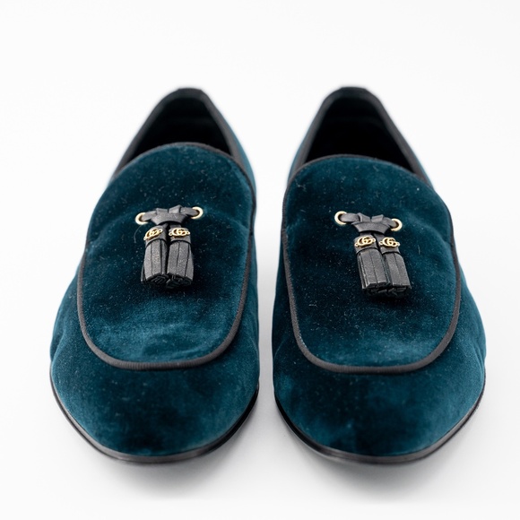 size 9G - Gucci Velvet Loafers Tassel GG Blue Green Moccasins main image 9